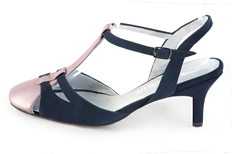Dusty rose pink and navy blue women's open back T-strap shoes. Round toe. Medium slim heel. Profile view - Florence KOOIJMAN